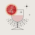 Cocktails Bar graphic linear geometric pattern stylized poster, emblem, badge design. Cocktail glass and citrus slice. Vector illu